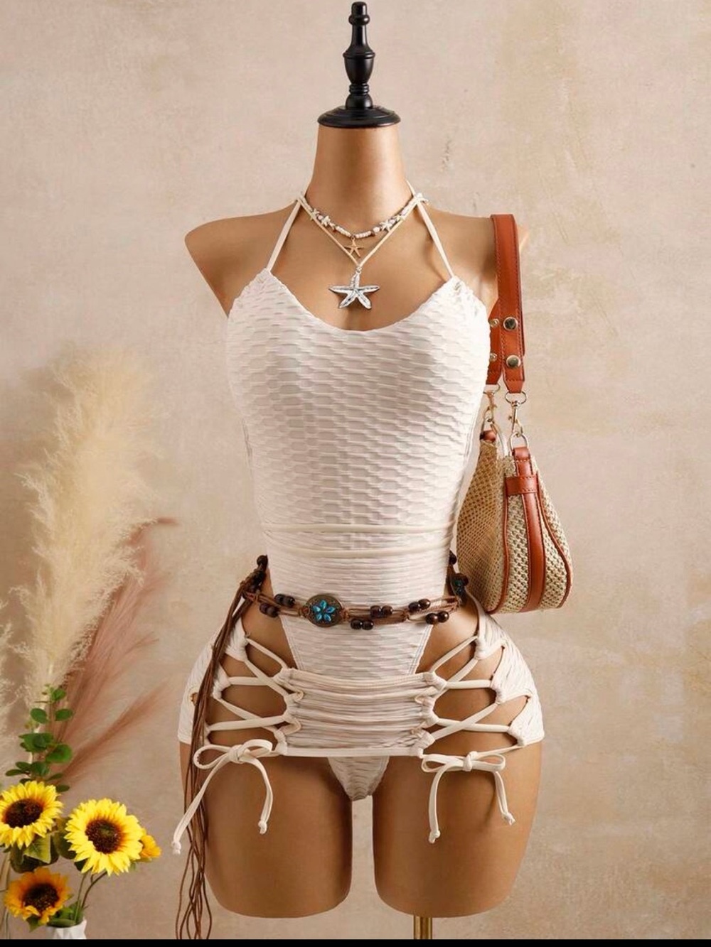 Cream Textured Halter Tie-Side Bodysuit